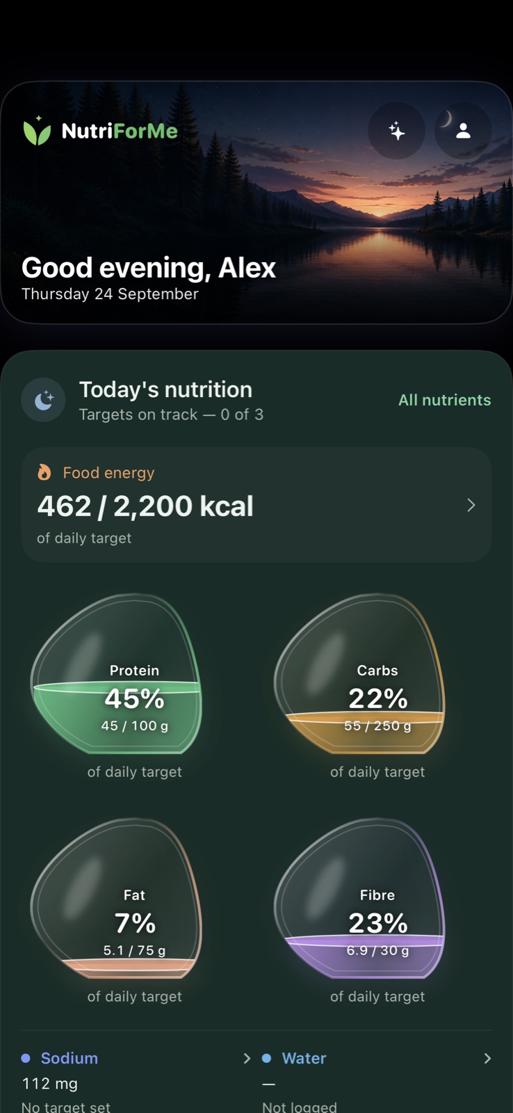 NutriForMe your nutrition — native app preview with sample data