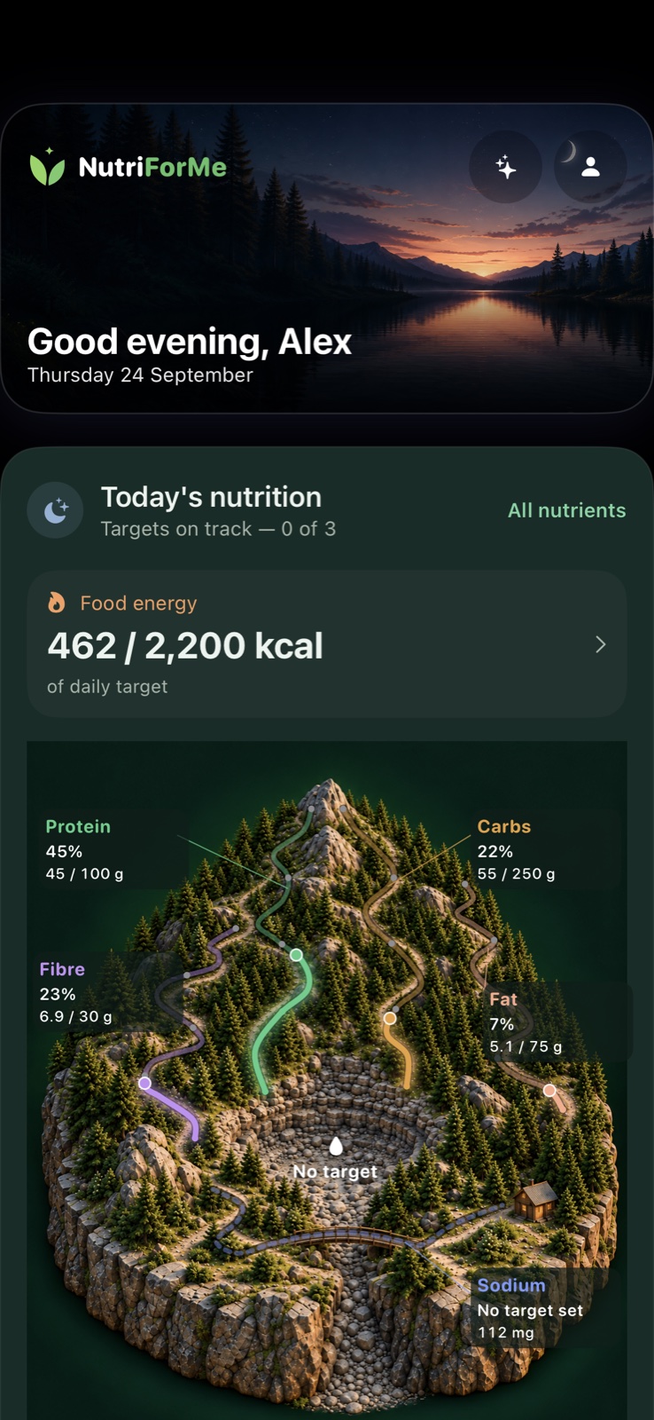 NutriForMe haven — native app preview with sample data