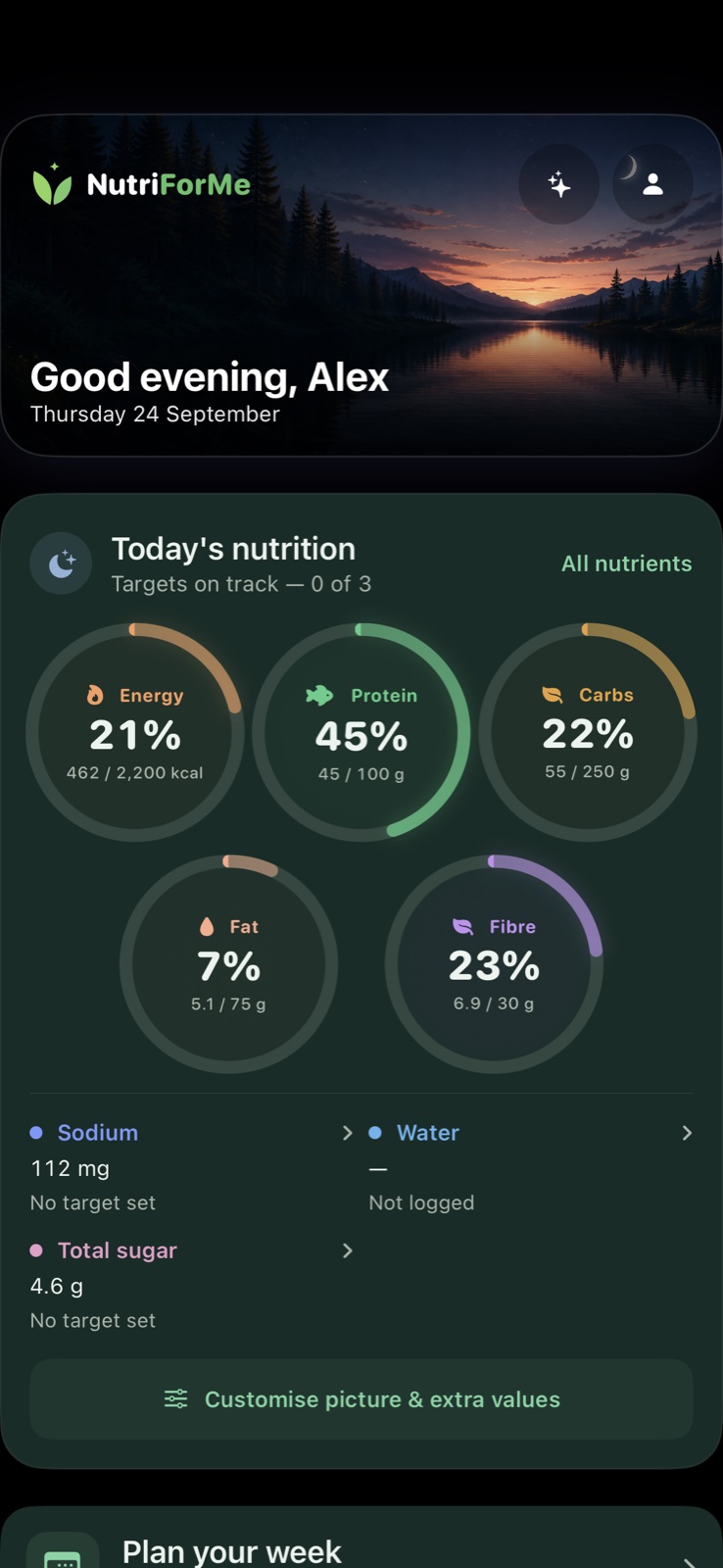 NutriForMe rings — native app preview with sample data