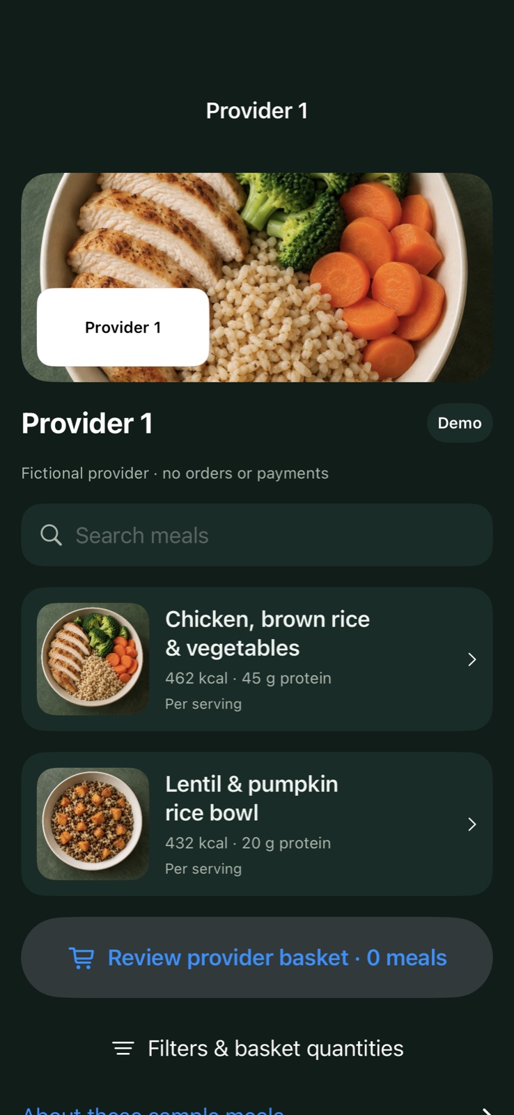 NutriForMe provider meals — native app preview with sample data
