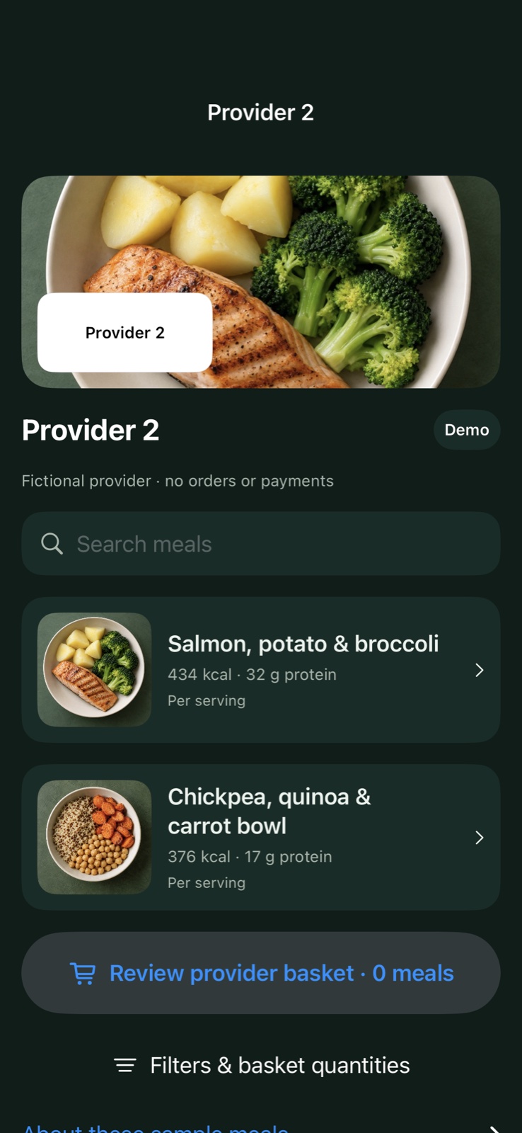 NutriForMe prepared meal ideas — native app preview with sample data