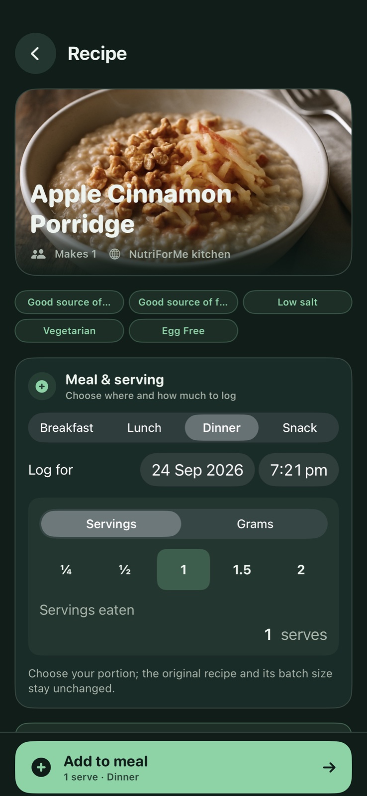 NutriForMe recipes — native app preview with sample data