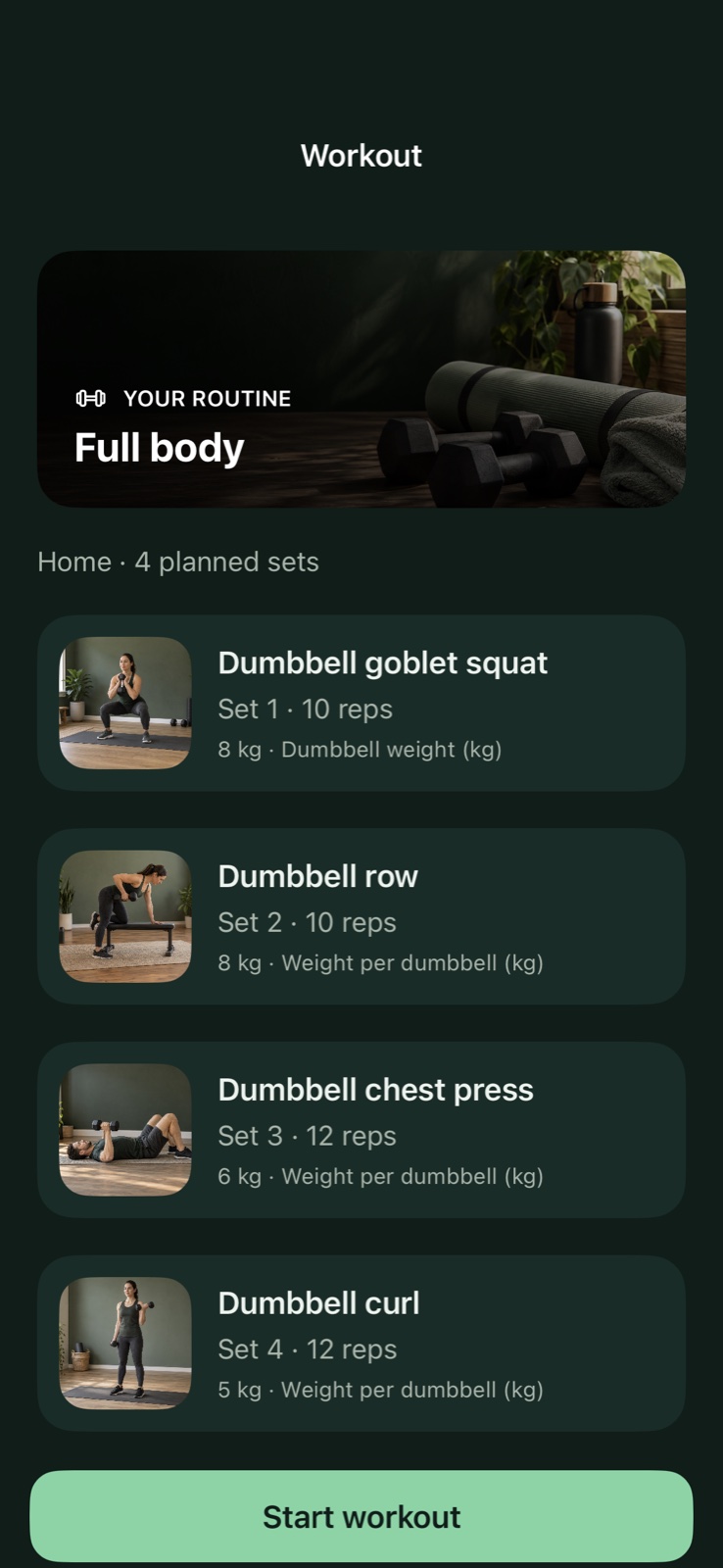 NutriForMe workout routines — native app preview with sample data
