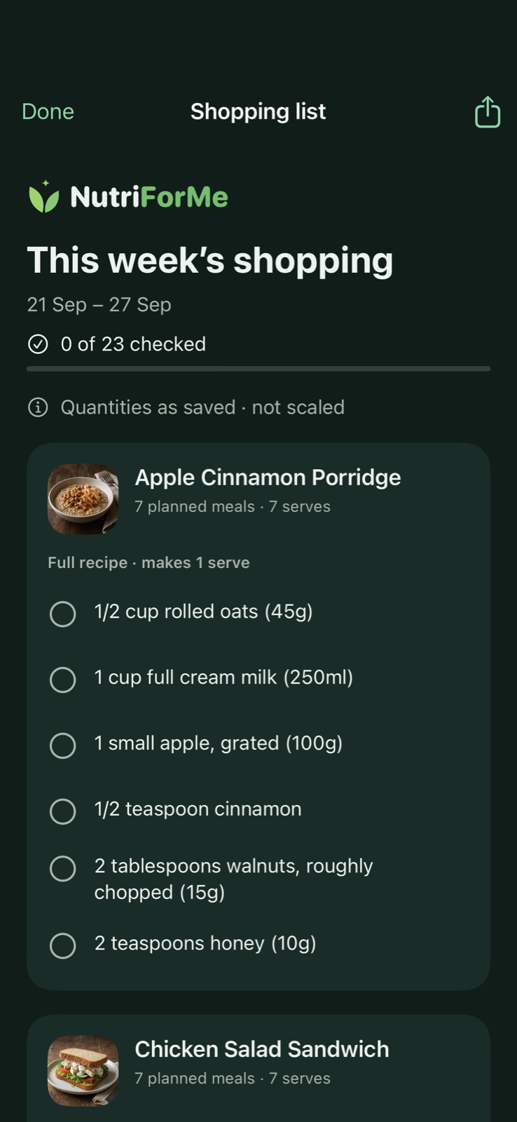 NutriForMe meal prep — native app preview with sample data