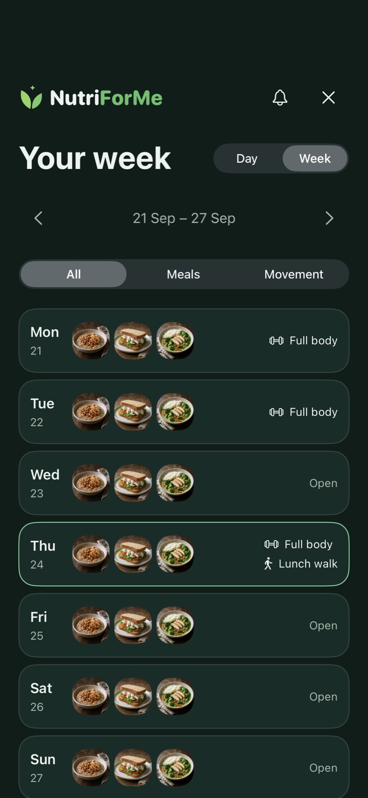 NutriForMe meals + exercise — native app preview with sample data